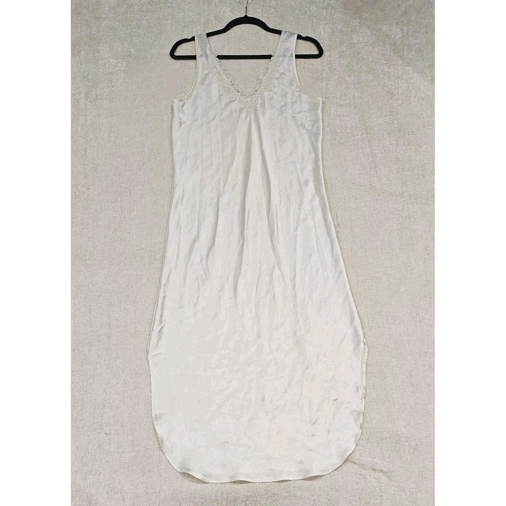 Vintage 90s Go Softly Sleeveless Ivory Satin Long Slip Dress Nightgown Sz Medium